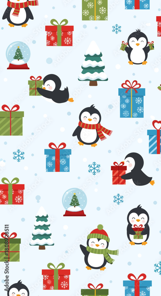 Naklejka premium A cute seamless Christmas pattern with cartoon penguins, gift boxes, snow globes, and trees on a light blue background.