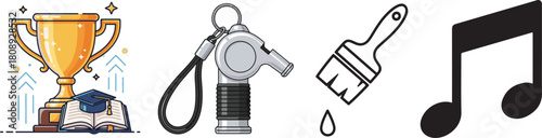 Flat Vector Illustrations of Academic, Sports, Art, and Music Symbols