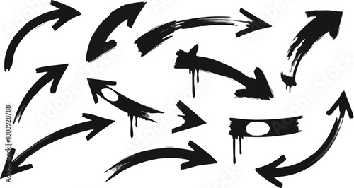 Handdrawn black paintbrush arrows set with dripping messy texture pointers collection