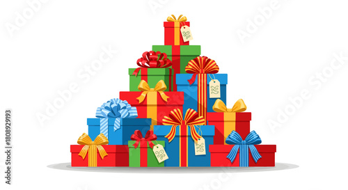 A large pile of colorful wrapped gift boxes with ribbons and bows stacked in a pyramid shape on a white background.