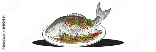 Illustration of Whole Fish with Spicy Sauce, Chili Slices, and Cilantro on White Plate