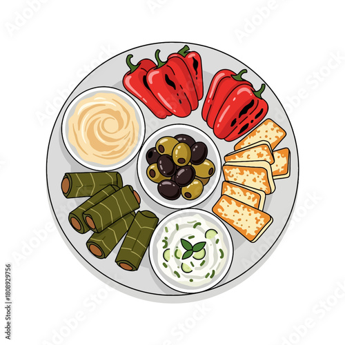 Illustration of Mediterranean Mezze Platter with Hummus, Tzatziki, Olives, and Stuffed Grape Leaves