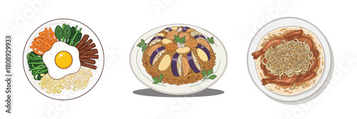 Illustration of Three Traditional Dishes: Korean Bibimbap, Middle Eastern Maqluba, and Roasted Chicken with Rice