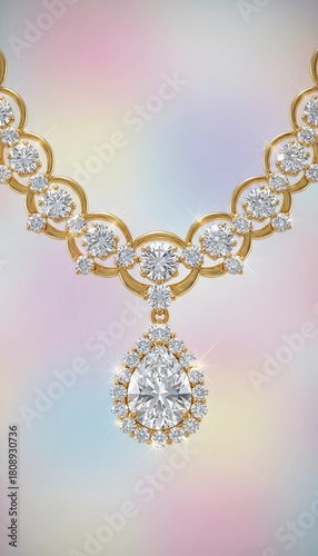 Macro close-up of gold diamond necklace on pastel background