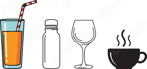 Flat Design Beverage Icons: Juice, Water Bottle, Wine Glass, Hot Coffee.