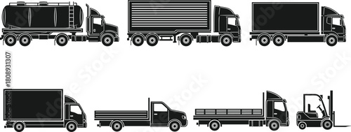Truck and cargo vehicle silhouette collection, delivery transport fleet with forklift, detailed black vector illustration for logistics, shipping, freight design