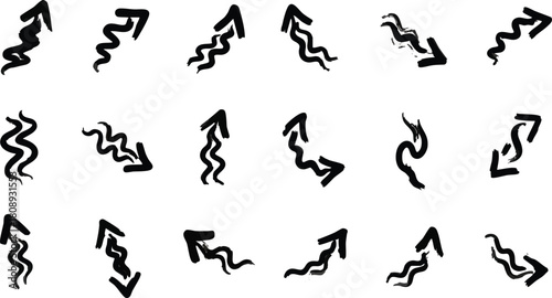 Collection of 18 wavy and curved hand-drawn brush stroke arrows isolated on transparent