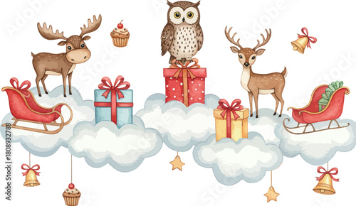 Whimsical christmas scene with owl moose deer gifts sleighs bells clouds and stars
