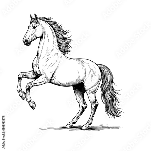 The horse reared up, a black and white sketch. Vector illustration. A horse with a long mane and tail, isolated on a white background51