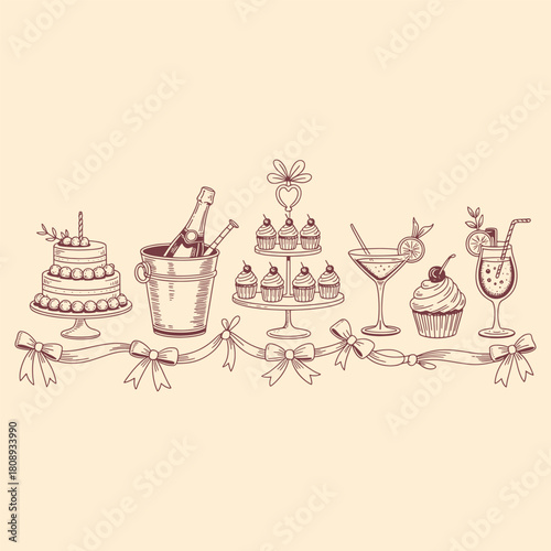 Hand drawn celebration cake champagne bottle cupcakes martini and cocktail drinks with ribbon and bows