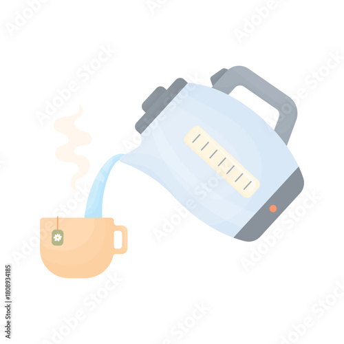 An electric kettle pours hot tea into a cup. Tea party. Illustrations of kitchen scenes.