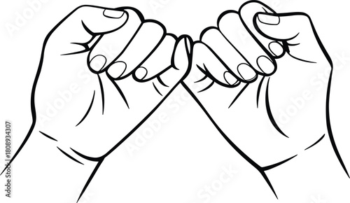 Hands making pinky promise gesture, commitment agreement sign, friendship trust loyalty concept, isolated black and white vector illustration