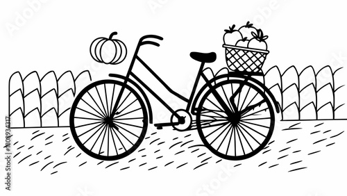 Minimilist a bicycle with a pumpkin and a basket of apples stands in a cornfield illustration image art 100 vector