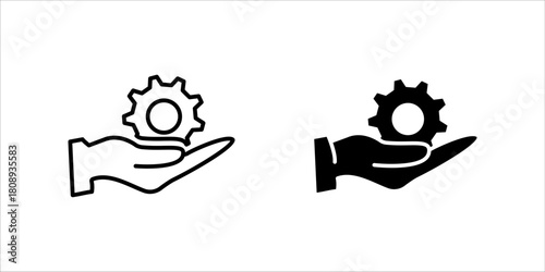 Hand Holding Gear Icon set A minimalist black silhouette icon of a hand holding a gear, symbolizing technical support,