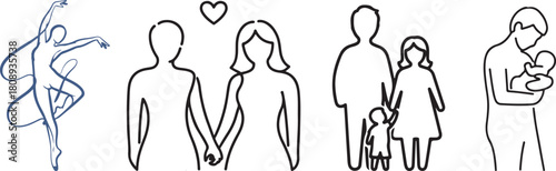 Line Art Illustrations of People and Family Celebrating Life