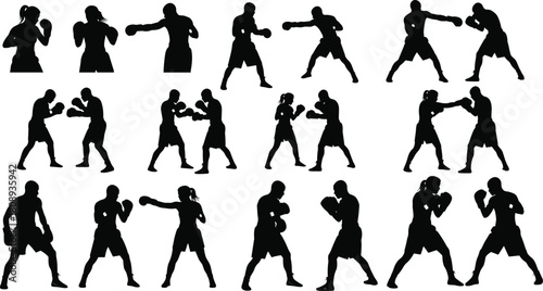 Boxing fighter silhouette collection, male and female athletes training, punching and sparring poses, black vector sports illustration for fitness design