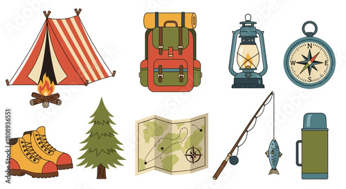 Camping Essentials Backpack, Tent, Compass, and Gear for Outdoor Adventures