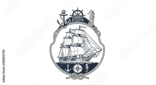 Maritime Emblem with Ship Illustration, Anchor, and Nautical Elements