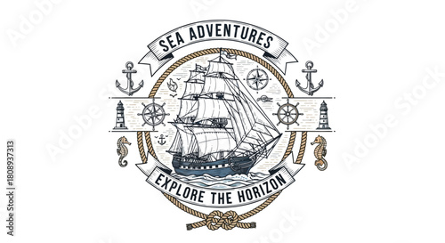 Embark on a Voyage Vintage Sailing Ship Illustration for Maritime Exploration and Adventure