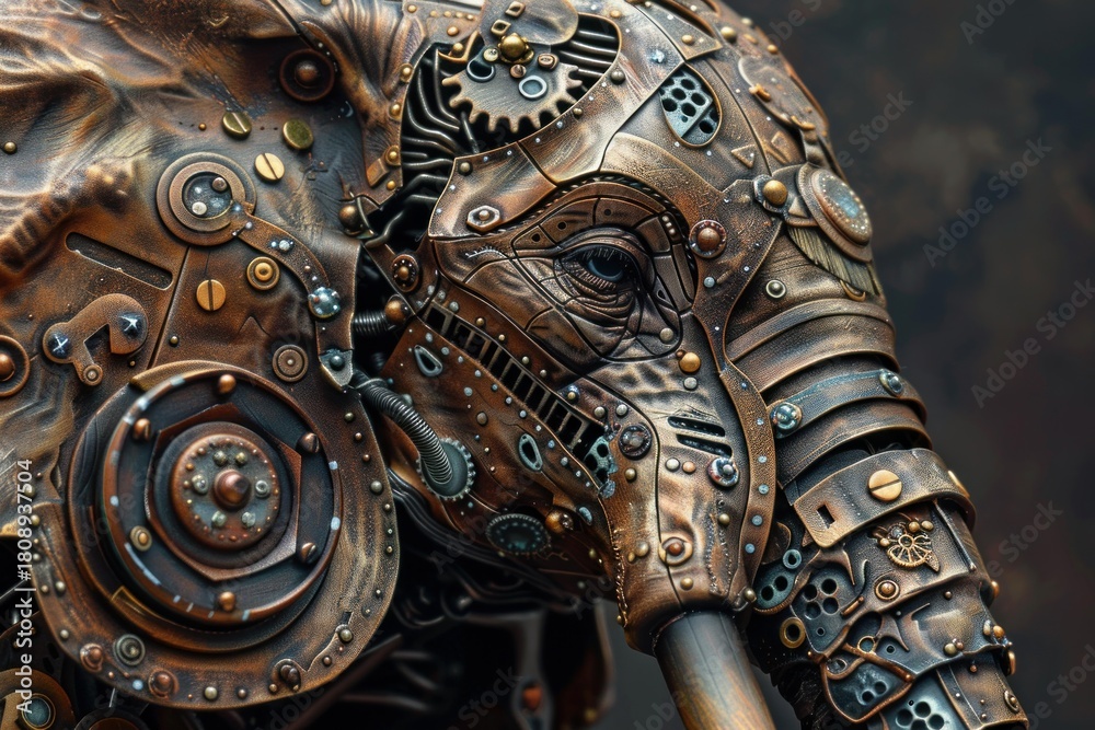 Fototapeta premium Mechanical elephant head with copper and bronze details, showing gears, cogs, pipes and rivets in a steampunk style