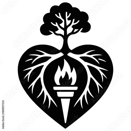 A heart-shaped emblem featuring a tree, roots, and a torch