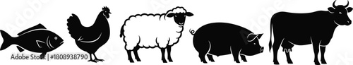 Farm animal silhouette collection, fish chicken sheep pig cow set, detailed black vector illustration for agriculture, livestock, rural, farming design