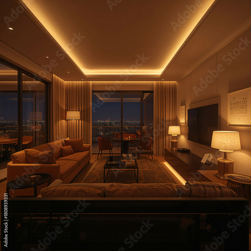 Graceful upscale living room presenting warm ambience around tasteful sofa with dimmed illumination overlooking radiant night sky through window interior design wallpaper background