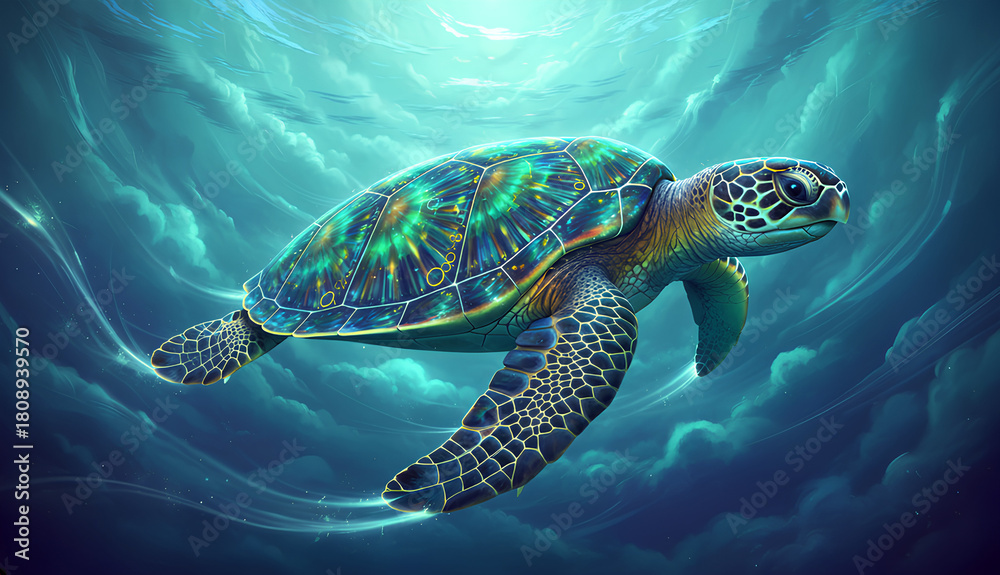 Fototapeta premium Vibrant fantasy sea turtle swimming through glowing teal waters, detailed shell patterns, luminous light trails, and magical underwater atmosphere. Colorful, surreal, and high-detail illustration.