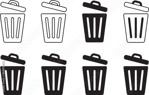 Trash can icon set with lid open