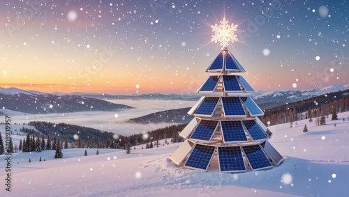 Snowy Scene with a Christmas Tree Made of Solar Panels