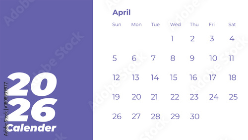 April 2026 Calendar Page with Dates and Days of the Week.