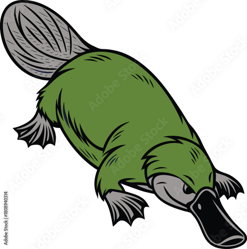 Cute green cartoon platypus with duck bill and beaver tail isolated on white background