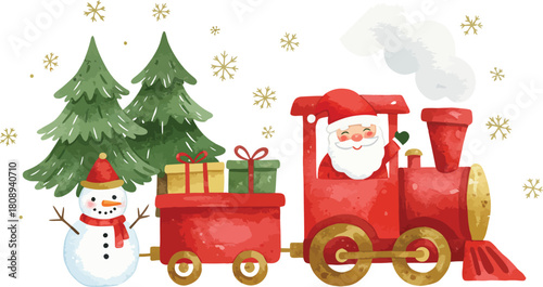 Santa claus driving a festive red christmas train with snowman and gifts illustration