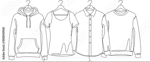 Set of drawing of hands holding hoodie, t shirt, tank top, jacket, and sweater in continuous one line drawing style
