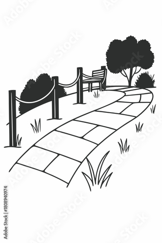 Minimilist illustration of a park path with a bench and a tree with a rope fence in black and white style vector