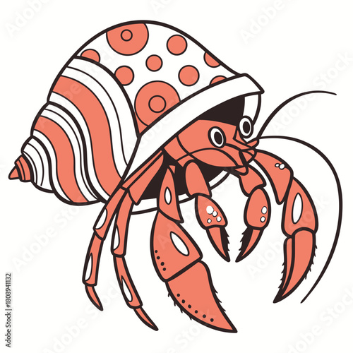 Cute cartoon hermit crab with a colorful striped and spotted shell on a white background