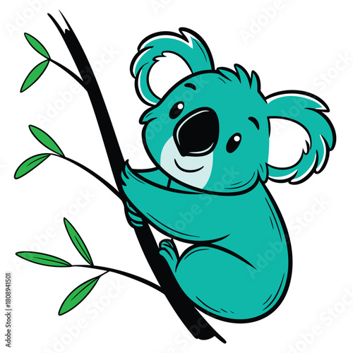 Cute cartoon teal koala bear clinging to a tree branch with green leaves