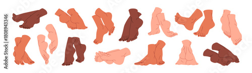 Bare feet set. Barefoot men and women. Naked foot with toes in different poses and postures. Beauty and SPA procedure to care about legs, body. Flat isolated vector illustrations on white background