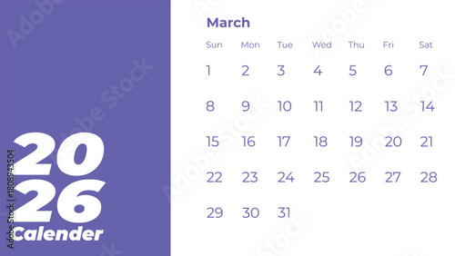 March 2026 Calendar Displaying Dates and Days of the Week.