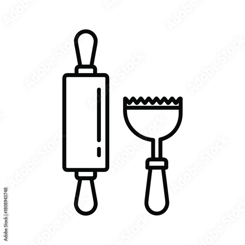 Rolling pin and pastry cutter kitchen utensils for baking and dough preparation isolated on