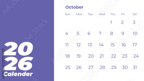 October 2026 Calendar Page with Dates and Days of the Week.