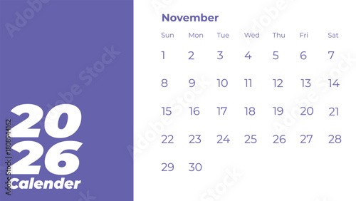 November 2026 Calendar Page with Dates and Days of the Week.