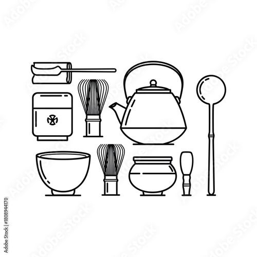 Outline icons of traditional japanese matcha tea ceremony tools, including whisk, bowl, scoop, and kettle