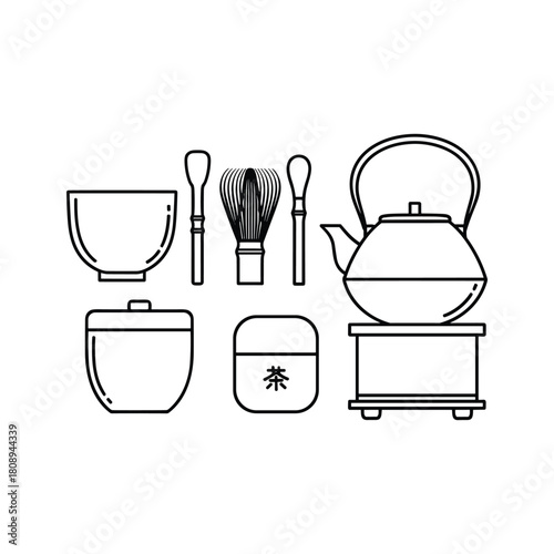 Traditional japanese tea ceremony set featuring teapot, bowl, whisk, tea caddy, and utensils for matcha