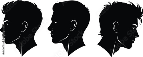 Male head profile silhouette collection, young man facial outlines with different hairstyles, detailed black vector illustration for design, branding, portrait art
