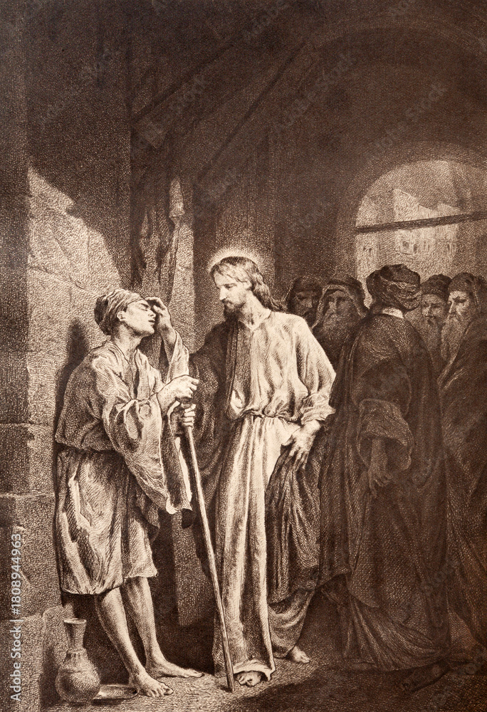 Fototapeta premium The lithography of Jesus heals the blind man at pool of Siloam from beginn of 20. cent. originaly by unknown artist.