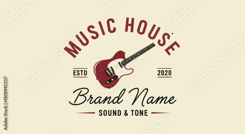 Vintage logo template for a music business featuring a red electric guitar and classic typography.