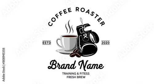 Coffee roaster logo featuring a steaming cup of coffee, coffee beans, and boxing gloves, with "Brand Name" and "Training & Fitness Fresh Brew" text.
