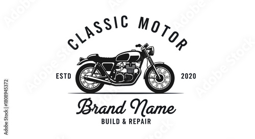 Vintage logo design featuring a classic motorcycle illustration for a motor build and repair business.