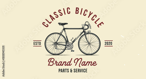 A vintage-style logo emblem for a classic bicycle shop, featuring a retro road bike illustration for parts and service.